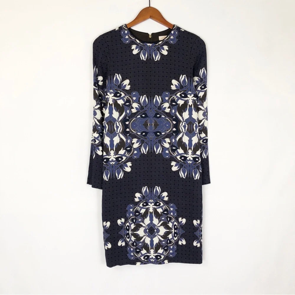 Tory Burch Flavia Floral Mini Dress Long Sleeve Jersey Stretch Size 6 Blue White